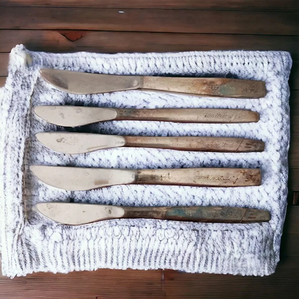 Vintage United‎ Airlines Knives Knife Lot x 5 Silver Plate Flatware Silverware.